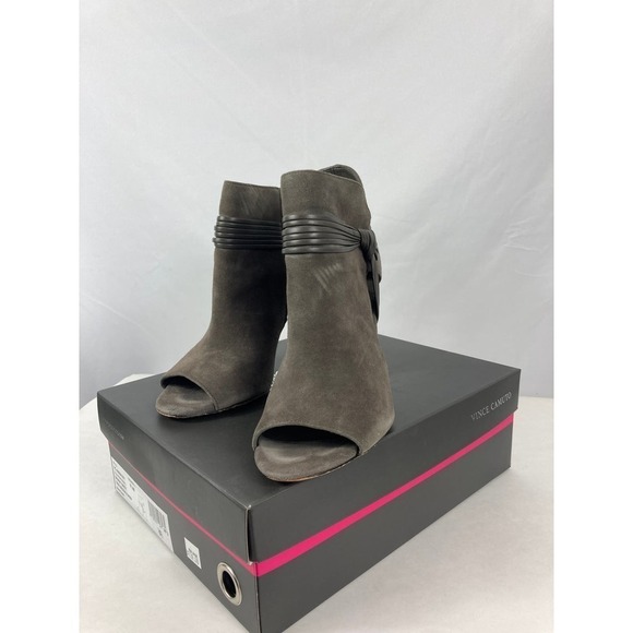 Vince Camuto Annavay Peep Toe Bootie Suede Cut Out Ankle Boot Shady Grey 8.5M - Picture 4 of 7